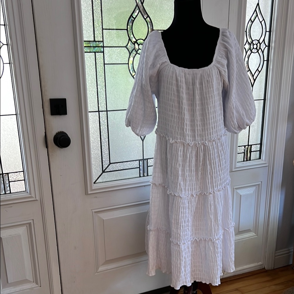 White Tiered Midi Sundress with Bishop Sleeves